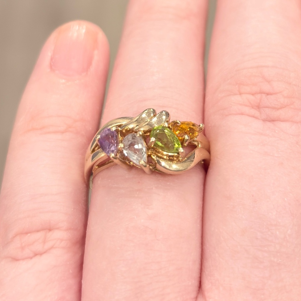 10K Rainbow Gemstone Ring, Swirl Aquamarine Peridot Citrine Amethyst Size 7.25 - Picture 2 of 13